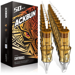 Ackbun 50pc tattoo needles box shows mixed sizes for versatile detailing.