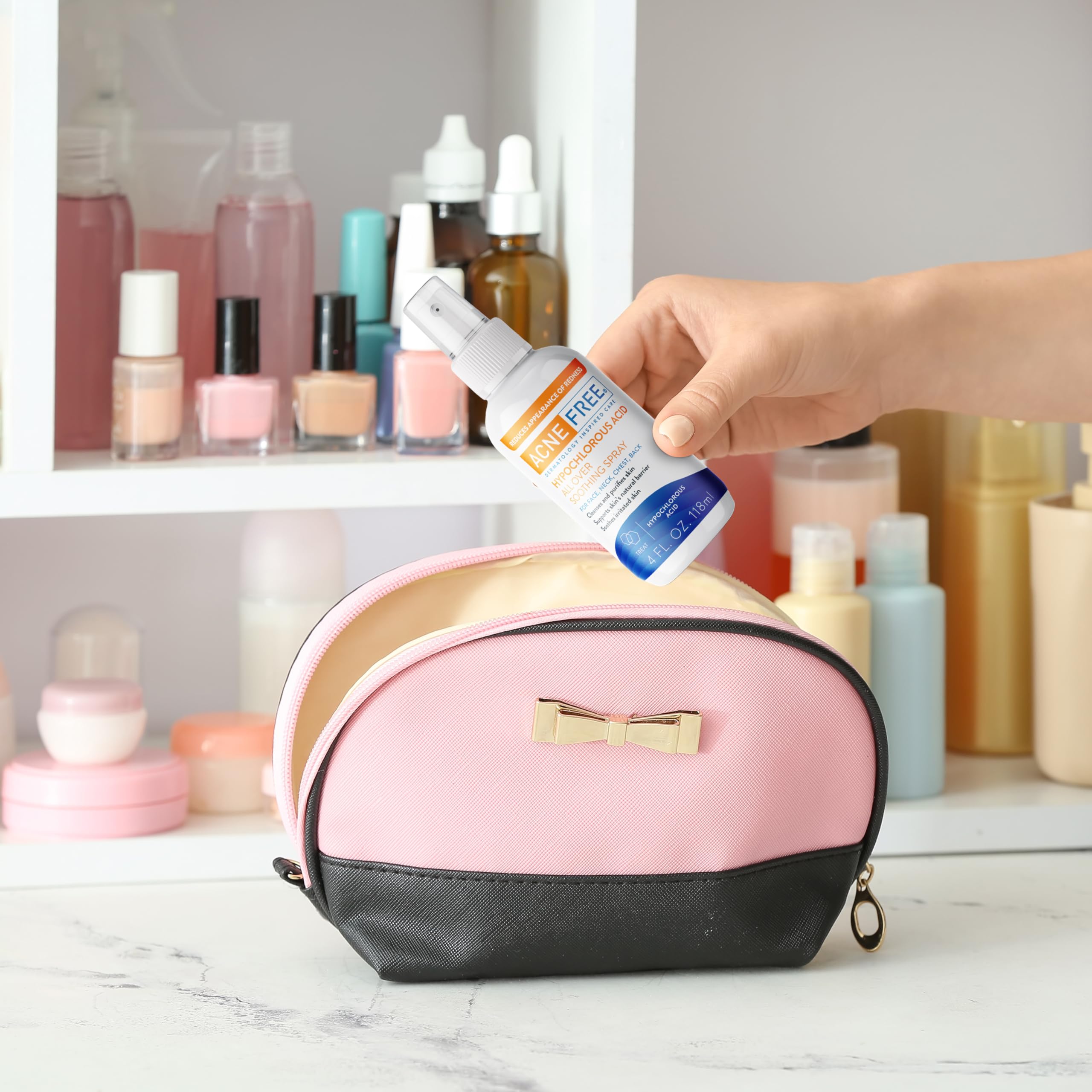 AcneFree daily-use routine shot shows easy mist application on skin.