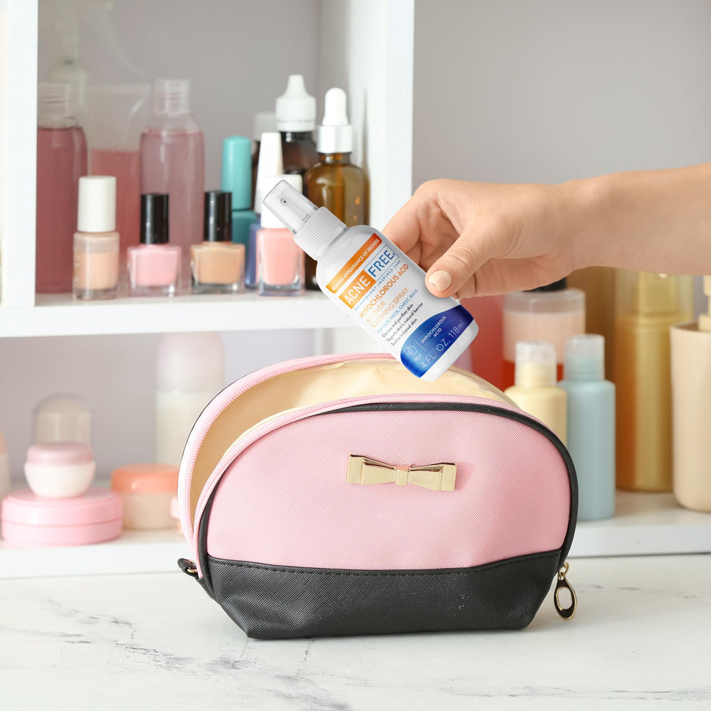 AcneFree daily-use routine shot shows easy mist application on skin.