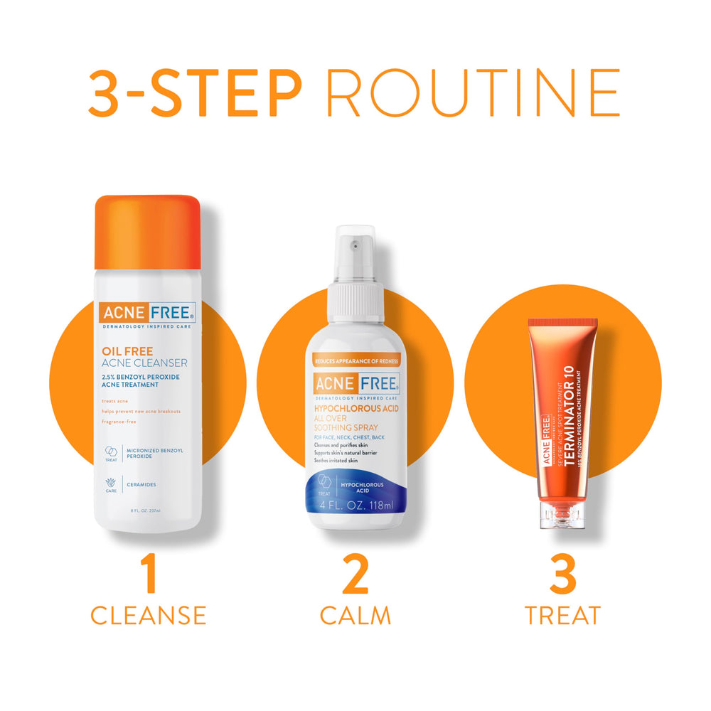 AcneFree hypochlorous spray on the body for soothing irritation after cleansing.