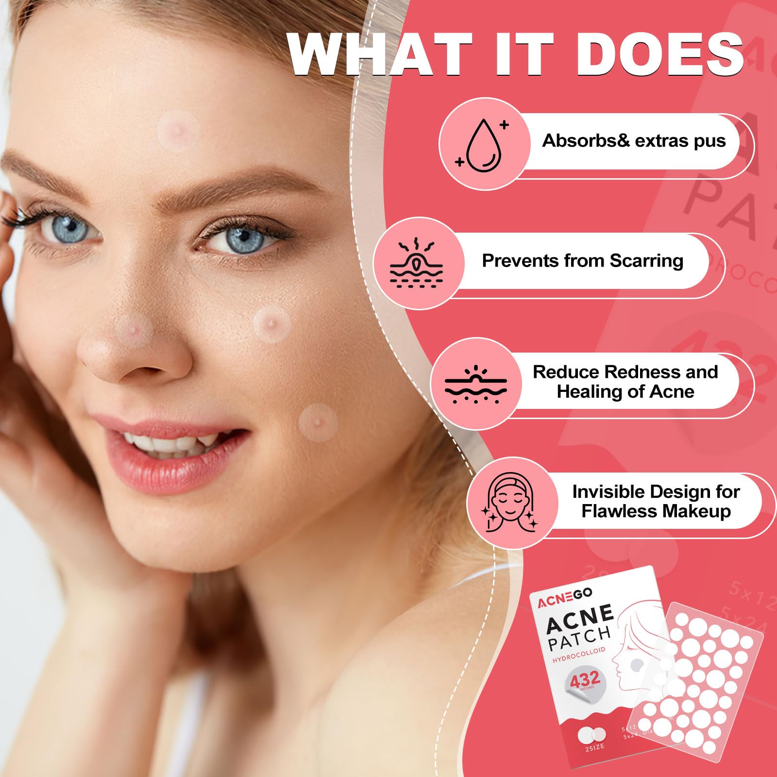 AcneGo ultra-thin invisible patches blend with skin tone for discreet daytime coverage.