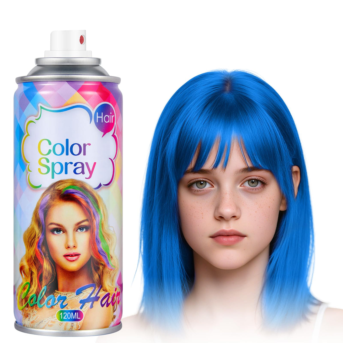 Acomler Blue Hair Spray bottle closeup showing vibrant temporary color for quick style