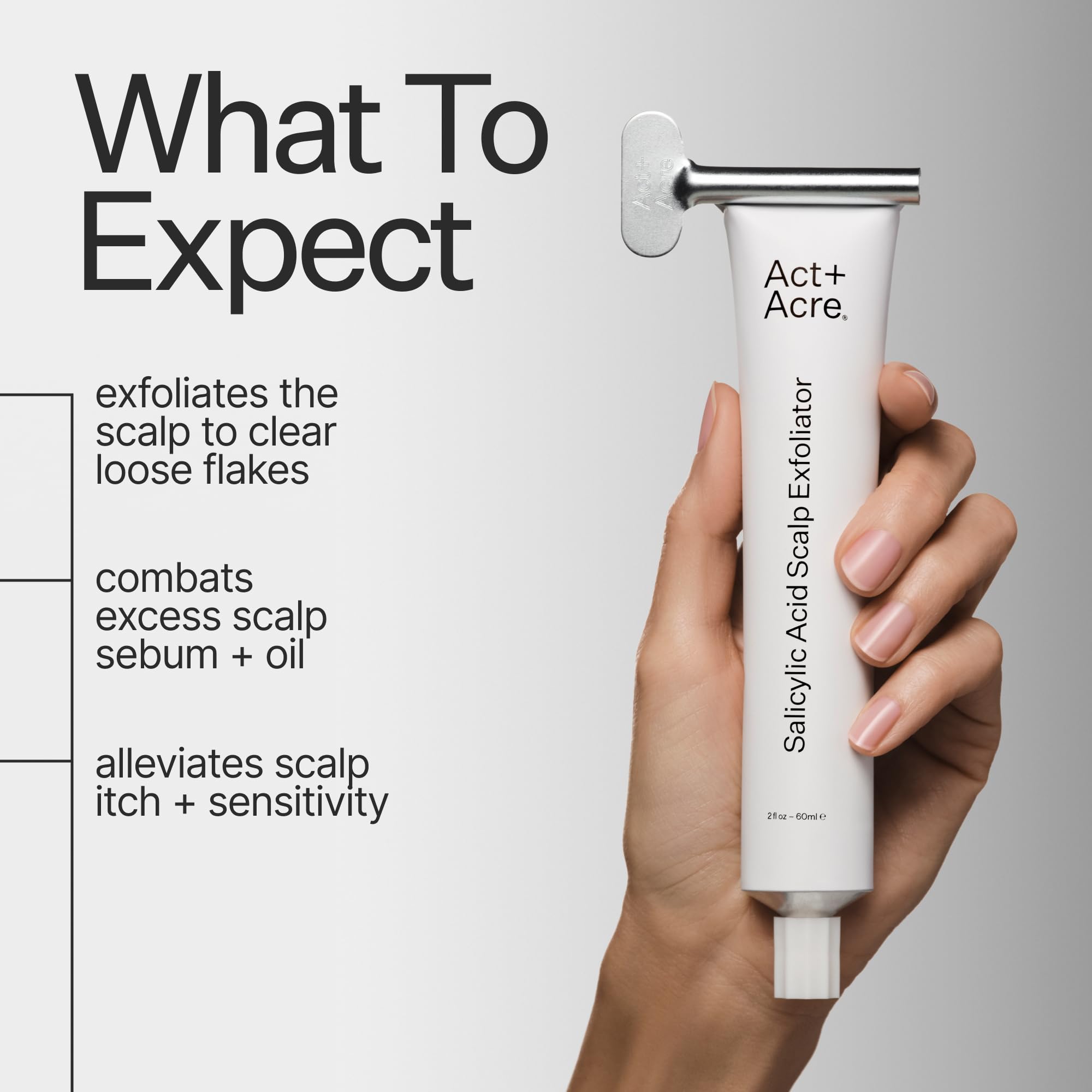 ACT+ ACRE exfoliator application close-up demonstrates gentle scalp massage for buildup reduction.