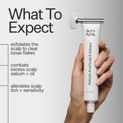 ACT+ ACRE exfoliator application close-up demonstrates gentle scalp massage for buildup reduction.