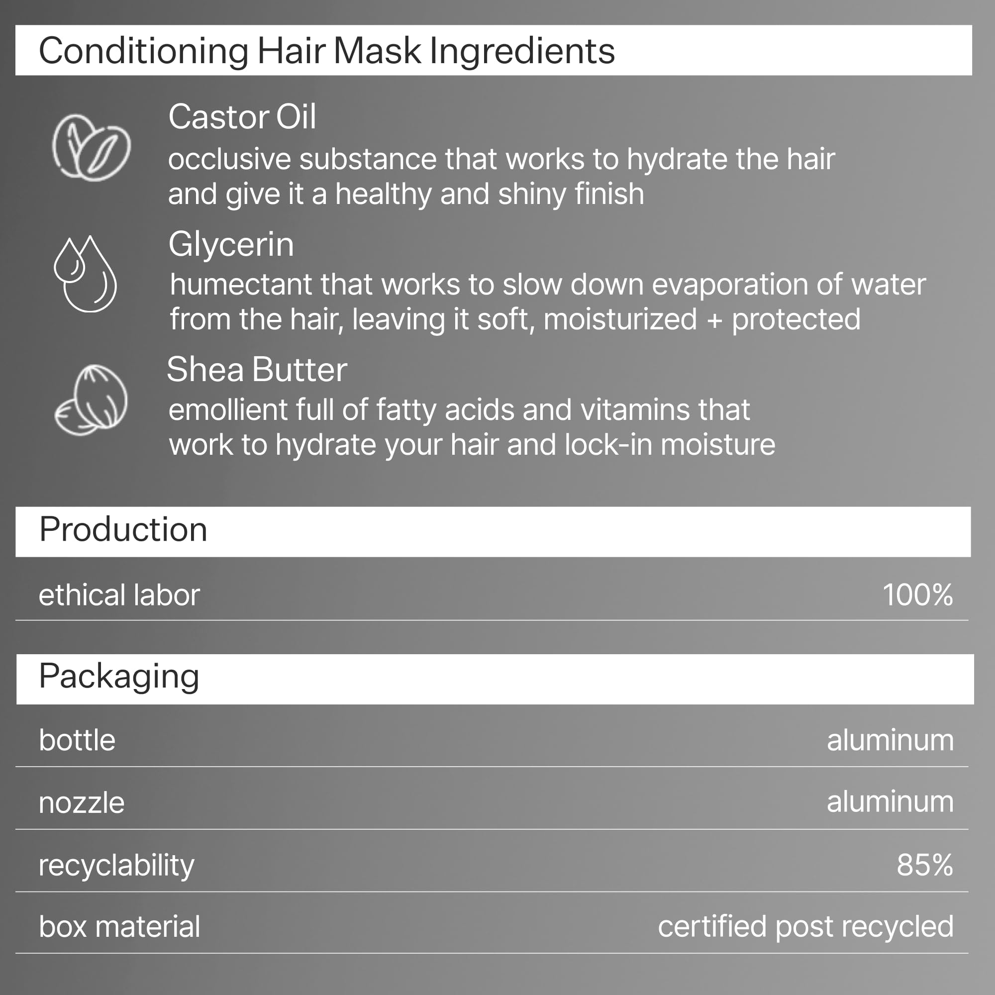 ACT+ ACRE Restorative Conditioning Hair Mask ingredients highlighting plant-based fatty acids and glycerin