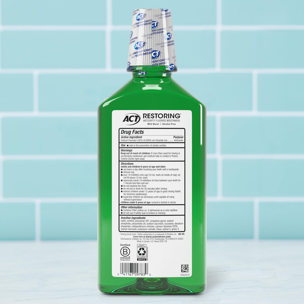 Close-up of ACT label highlighting fluoride benefits and alcohol-free
