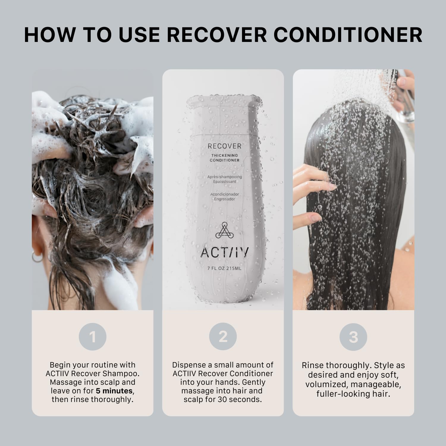 ACTIIV Recover thickening conditioner hair closeup reveals shiny, thicker-looking strands