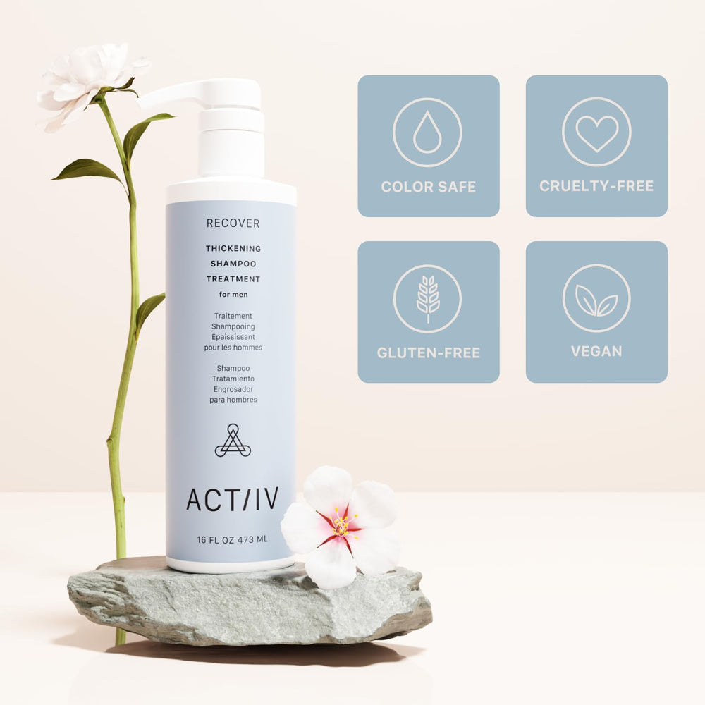 ACTIIV Recover Thickening Shampoo close-up hair shows cleanse-ready shine and volume.