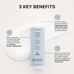 ACTIIV Recover Thickening Shampoo label highlights plant-based, vegan, color-safe benefits.