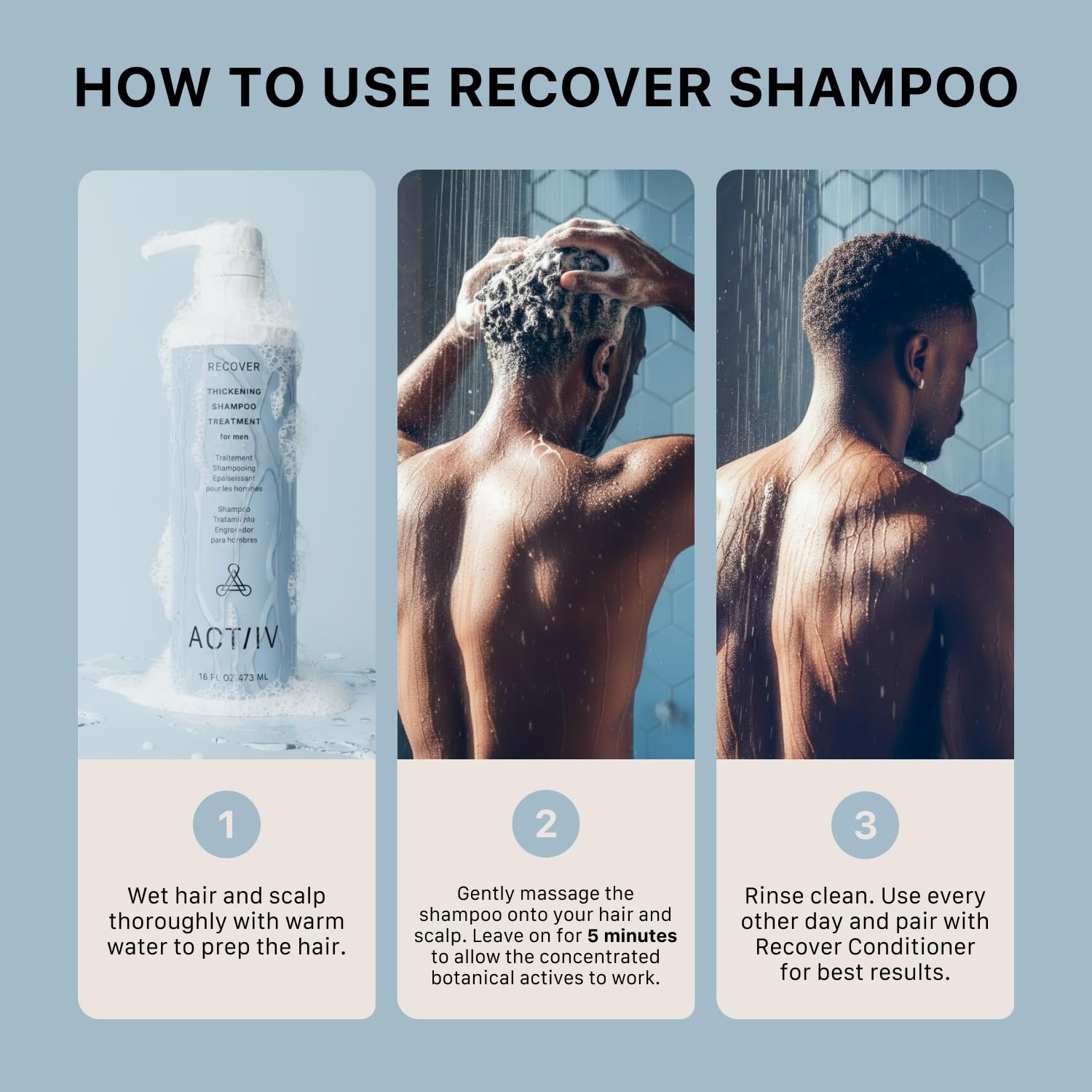 ACTIIV Recover Thickening Shampoo lather delivers refreshing cleanse with all hair types.