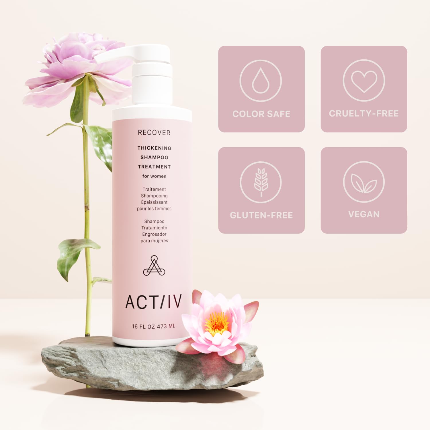 ACTIIV Recover highlights plant-based ingredients for vegan color-safe care.
