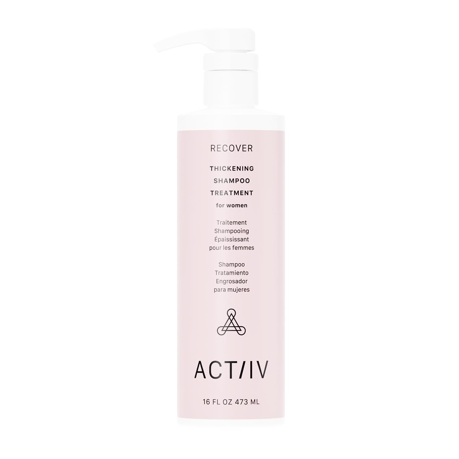 ACTIIV Recover Thickening Shampoo bottle closeup promotes fuller-looking hair.