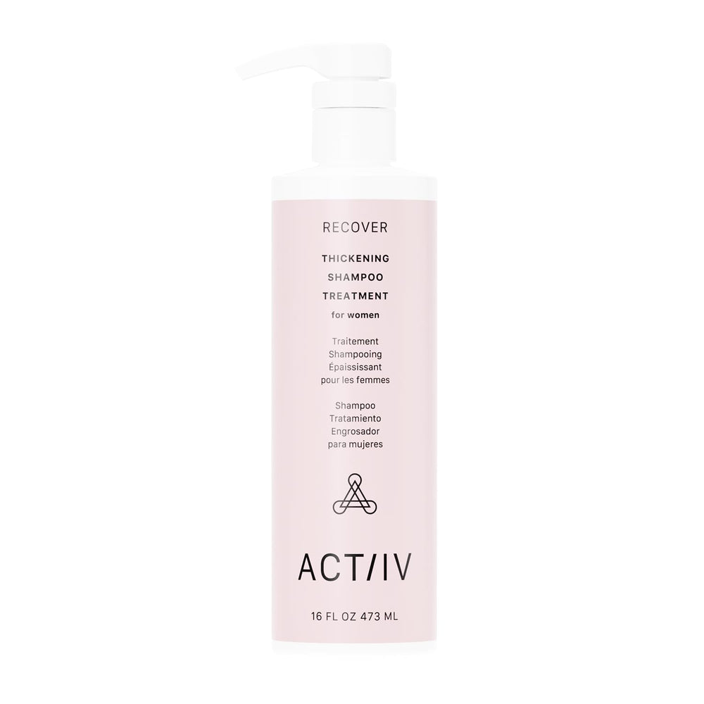 ACTIIV Recover Thickening Shampoo bottle closeup promotes fuller-looking hair.