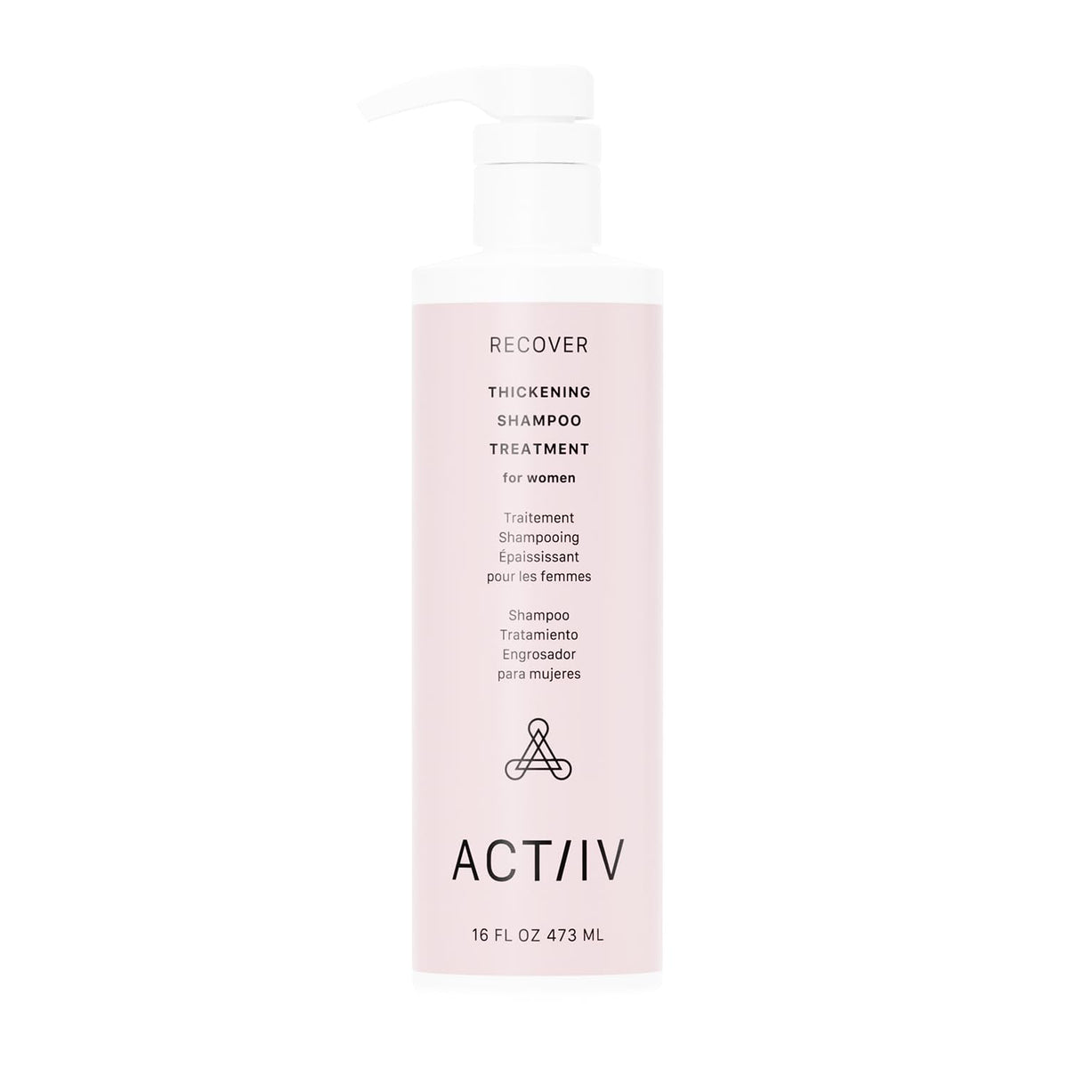 ACTIIV Recover Thickening Shampoo bottle closeup promotes fuller-looking hair.
