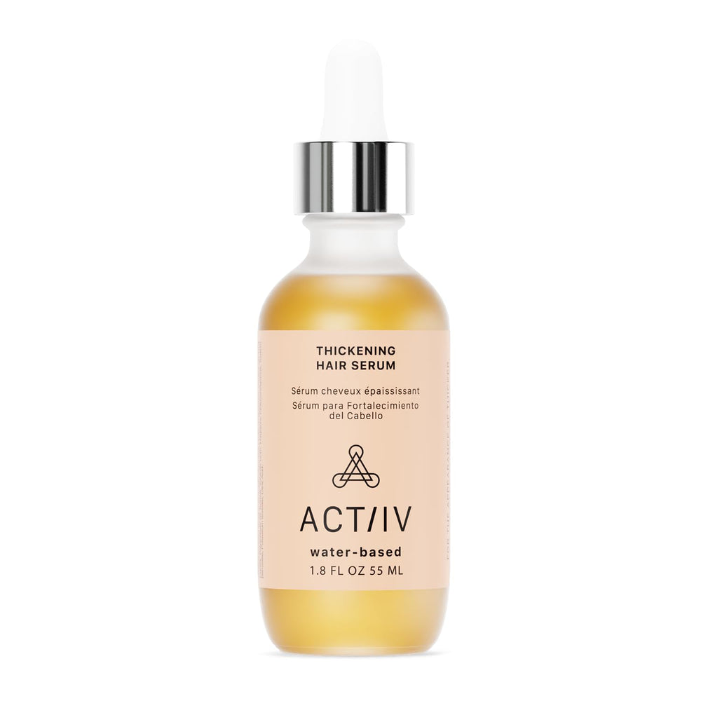 ACTIIV Thickening Hair Serum bottle closeup showing lightweight, non-greasy formula for fullness