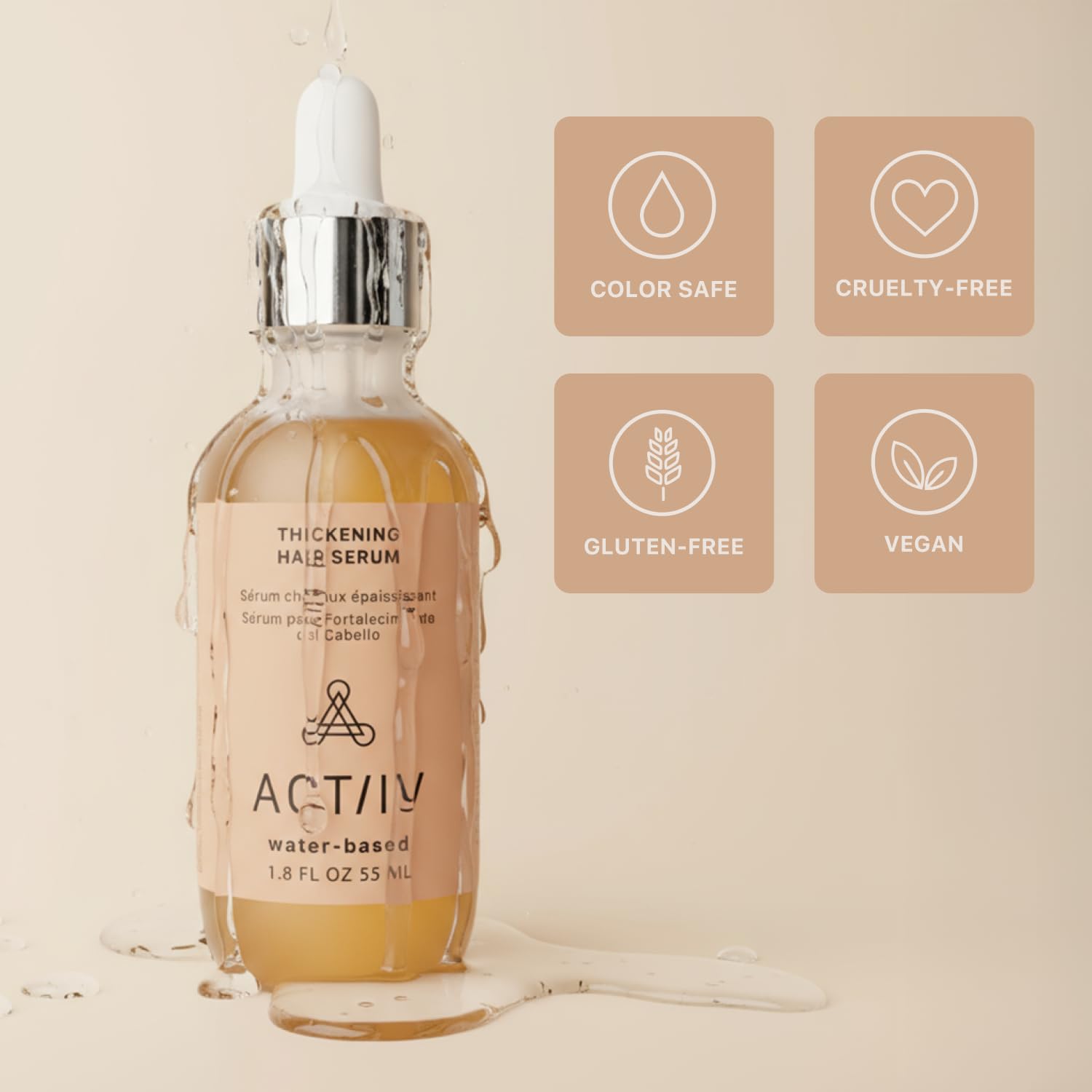 ACTIIV Thickening Hair Serum in hand conveying lightweight blend for all hair types