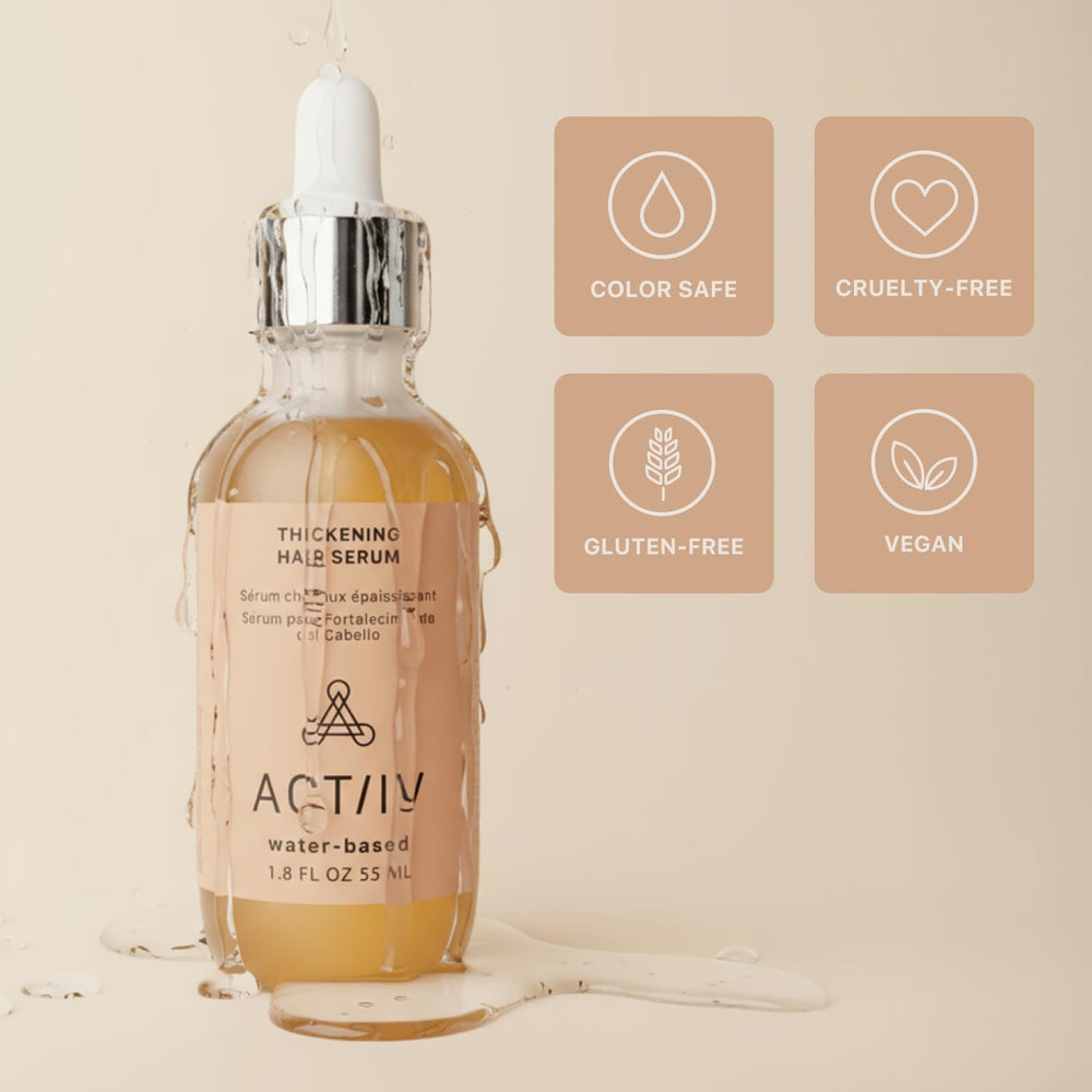 ACTIIV Thickening Hair Serum in hand conveying lightweight blend for all hair types