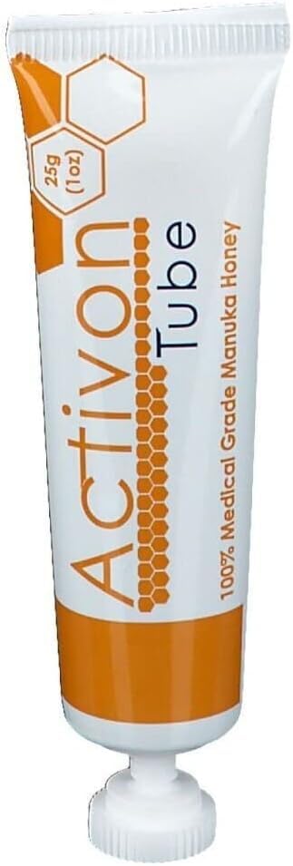 ActivOn Manuka honey gel tube being applied for wound care.