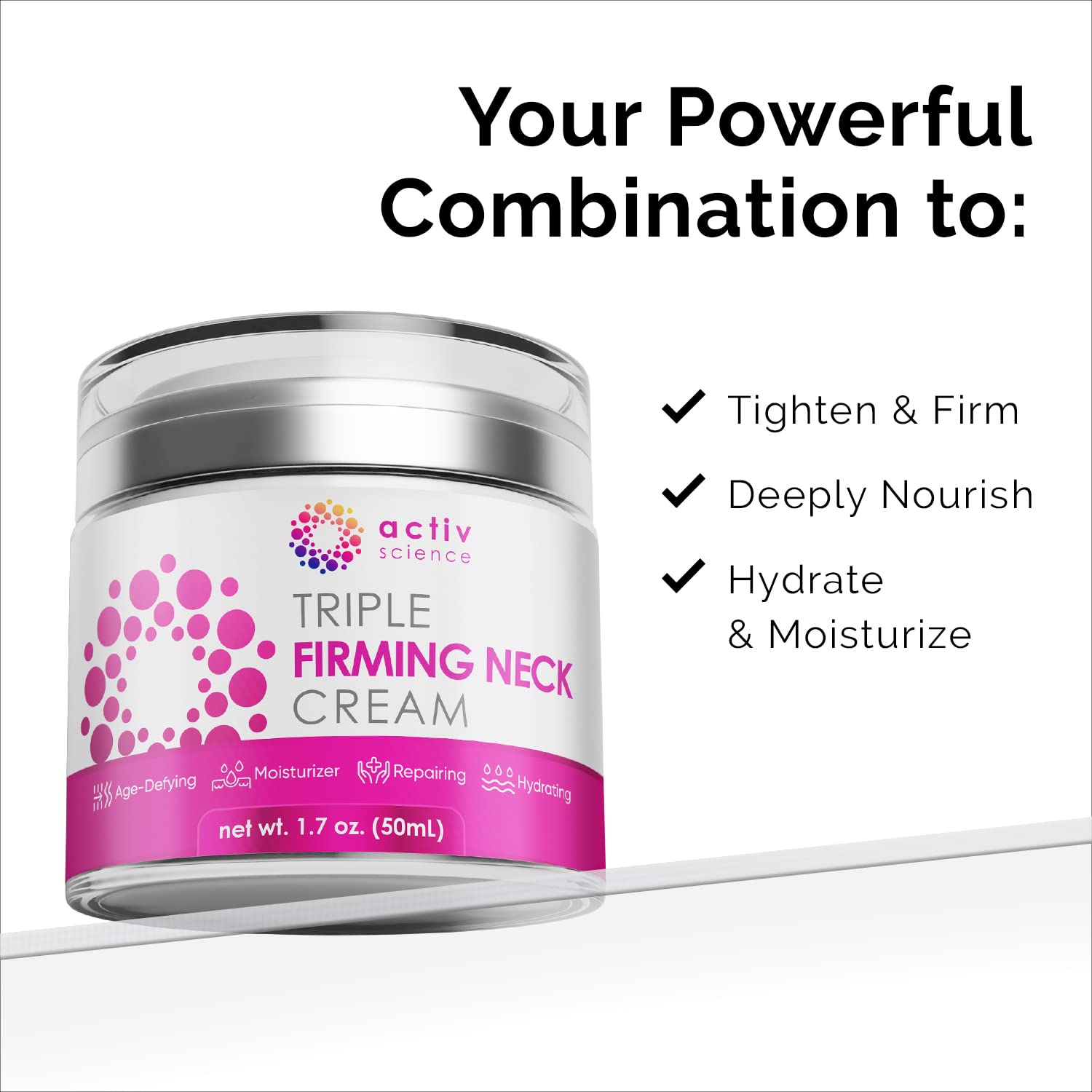 ACTIVSCIENCE neck cream swatch on skin shows hydration and firming.
