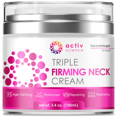 ACTIVSCIENCE Neck Firming Cream packaging shows premium anti-aging care for daily use.