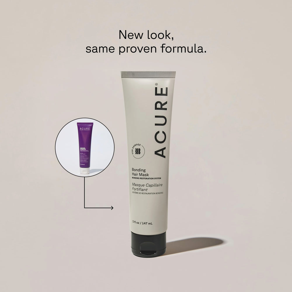 Acure Bonding Hair Mask being applied to hair for nourishing, salon-like renewal at home.