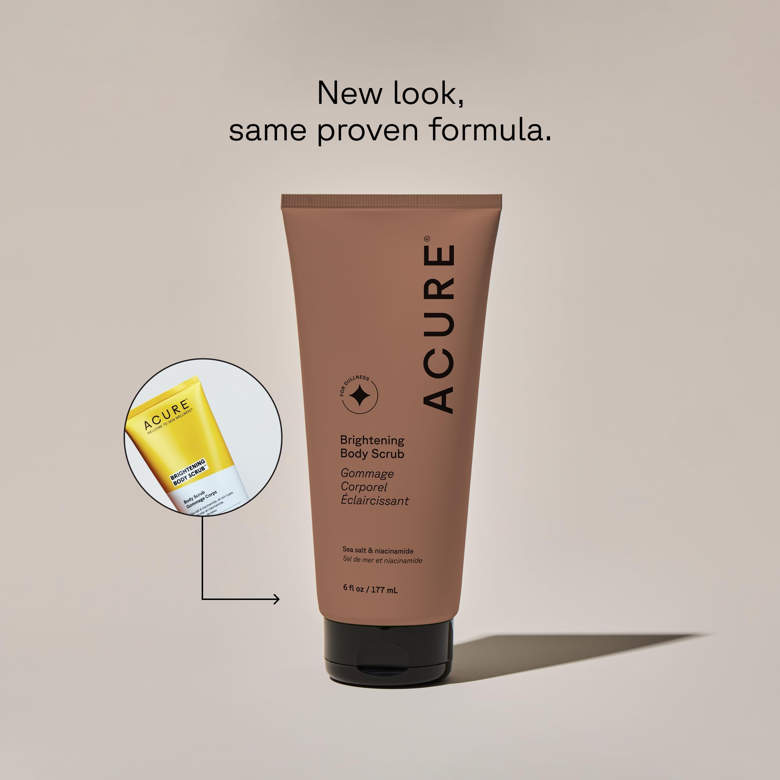 Acure Brightening Body Scrub clay texture highlighting mineral-rich refining action.