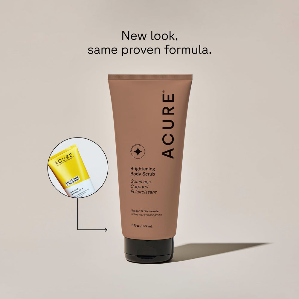 Acure Brightening Body Scrub clay texture highlighting mineral-rich refining action.