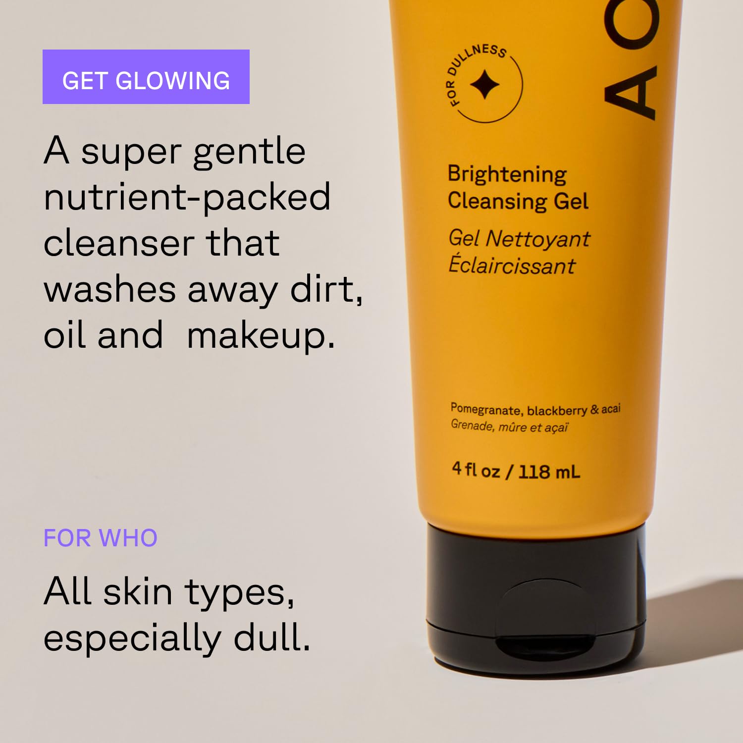 Acure Brightening Cleansing Gel acai imagery hints at antioxidant-rich glow.
