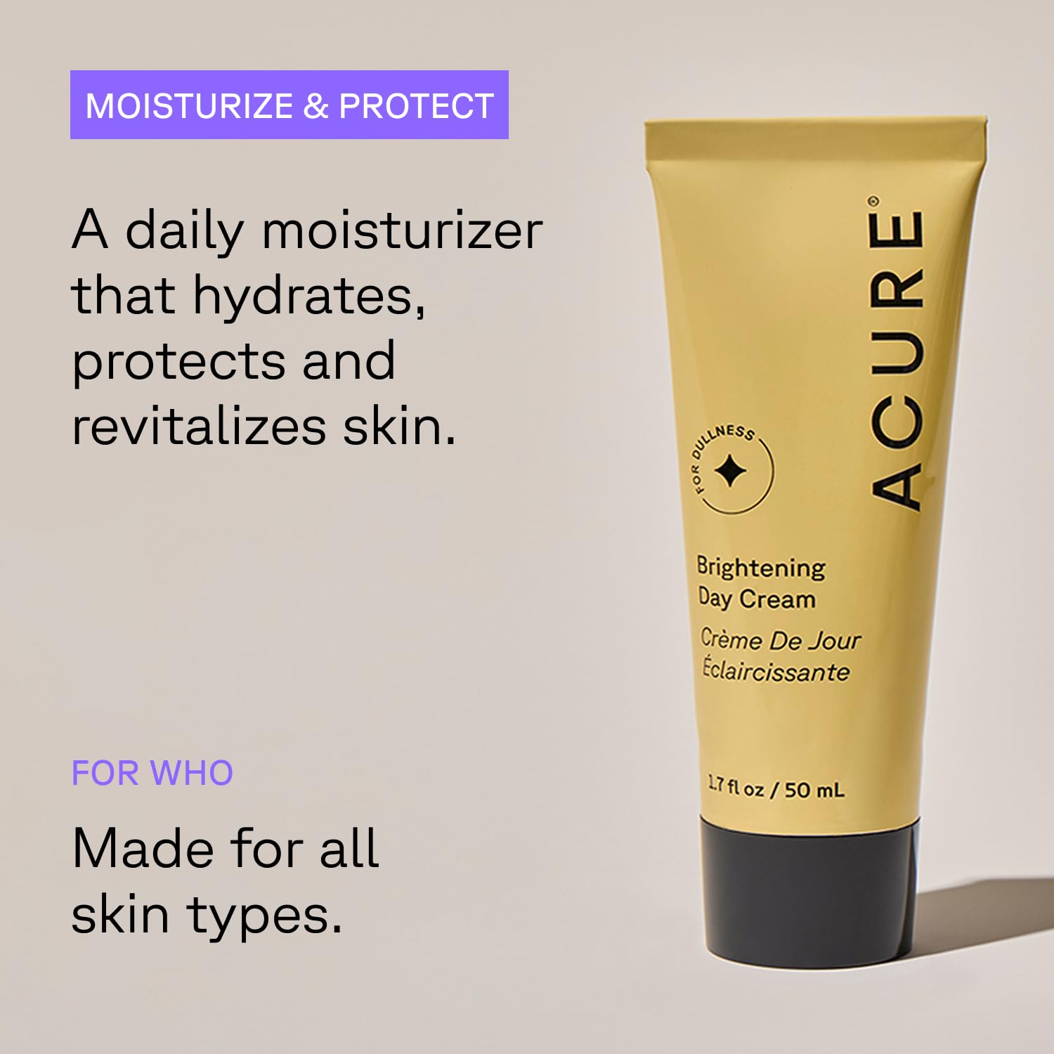 Acure Brightening Day Cream texture swirl suggests lightweight, non-greasy hydration