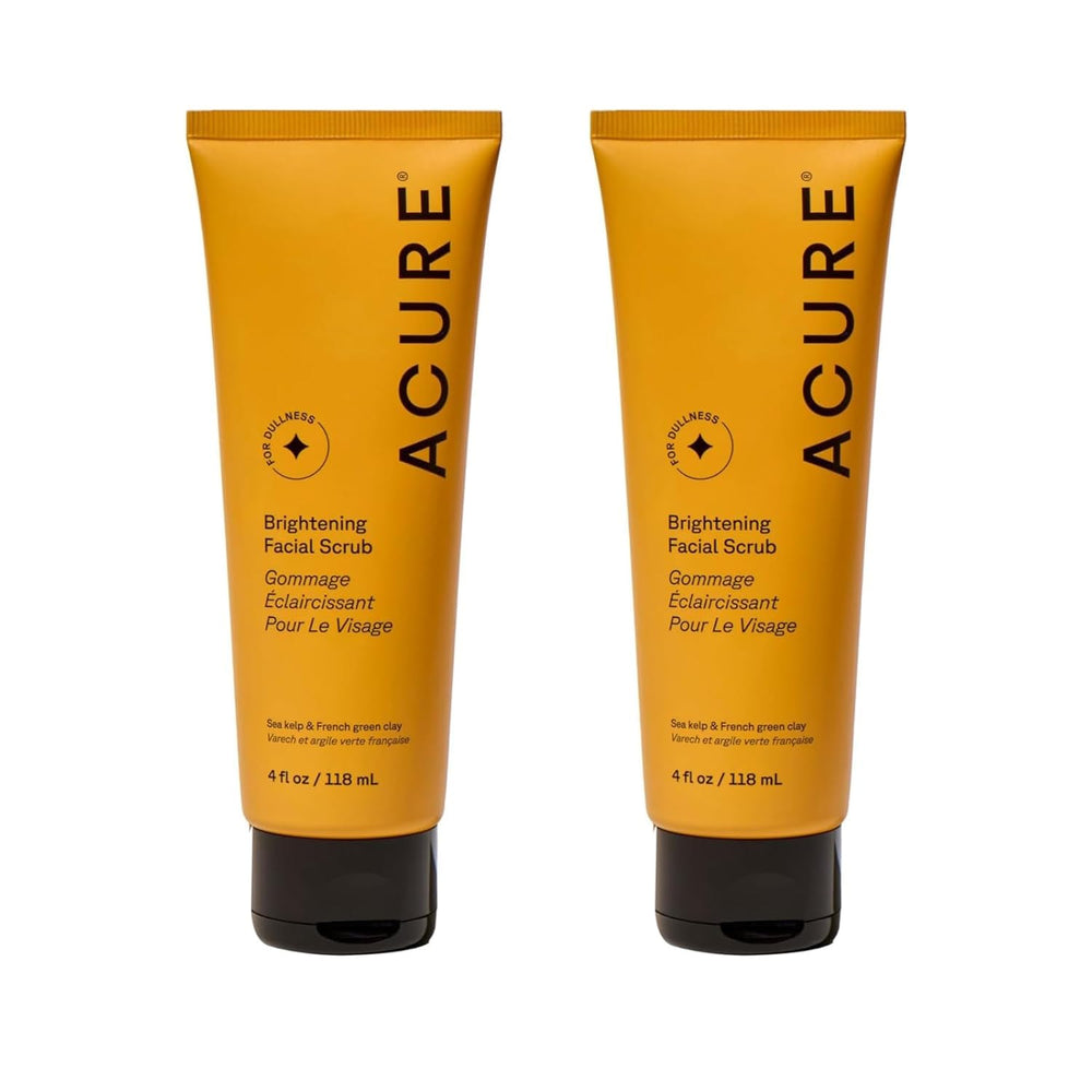 Acure Brightening Facial Scrub bottle closeup for gentle exfoliation and refreshed skin.