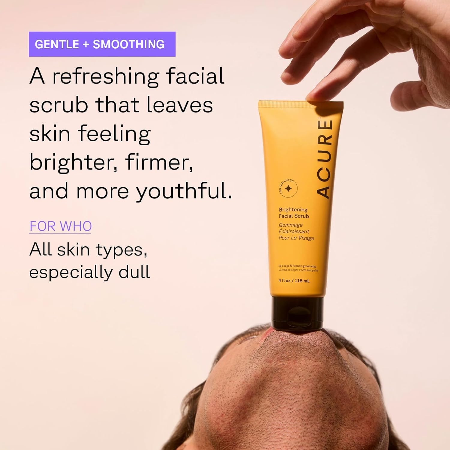 Acure Brightening Facial Scrub French green clay image highlights detoxifying benefits and glow.