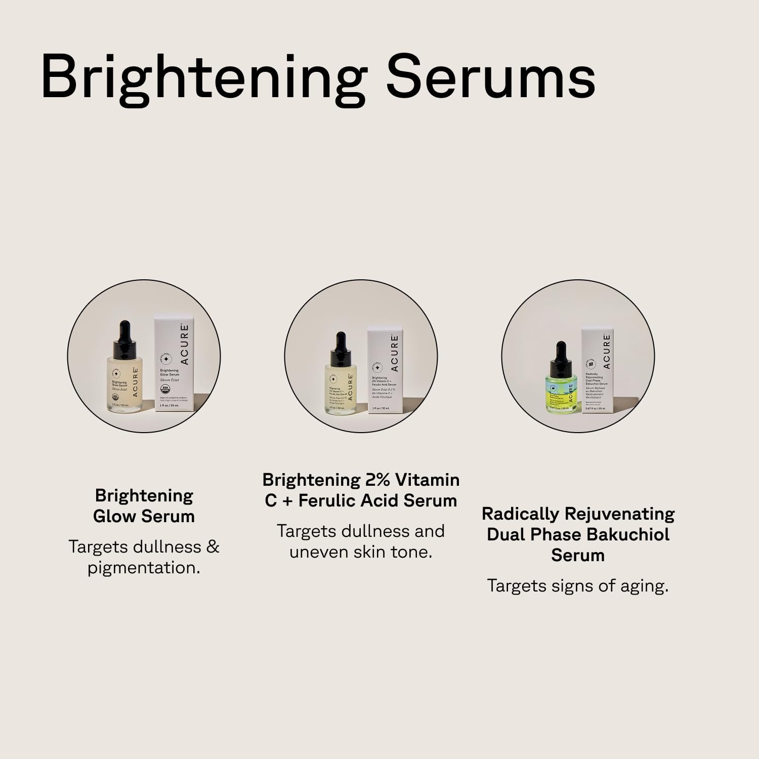 Acure Brightening Glow Serum being applied for smoother, refreshed skin.