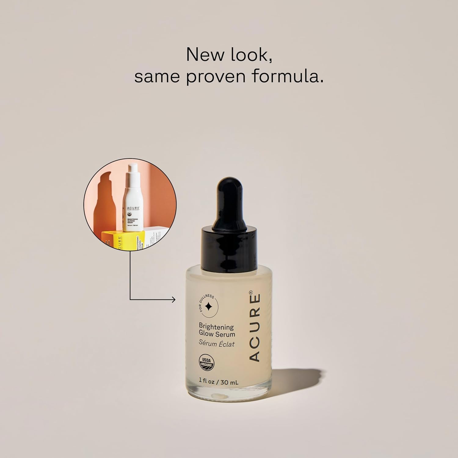 Acure Brightening Glow Serum label close-up highlighting vegan, cruelty-free care for your skin.
