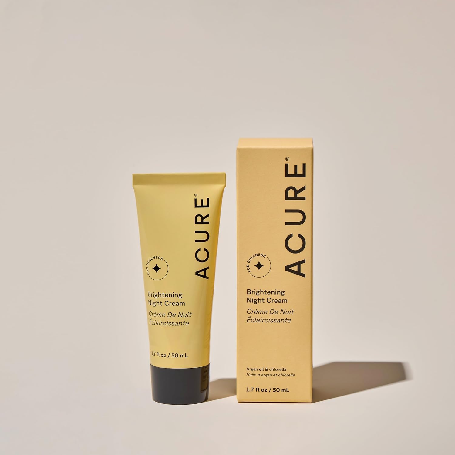 Acure Brightening Night Cream application massage illustrates nightly care for uneven tone.