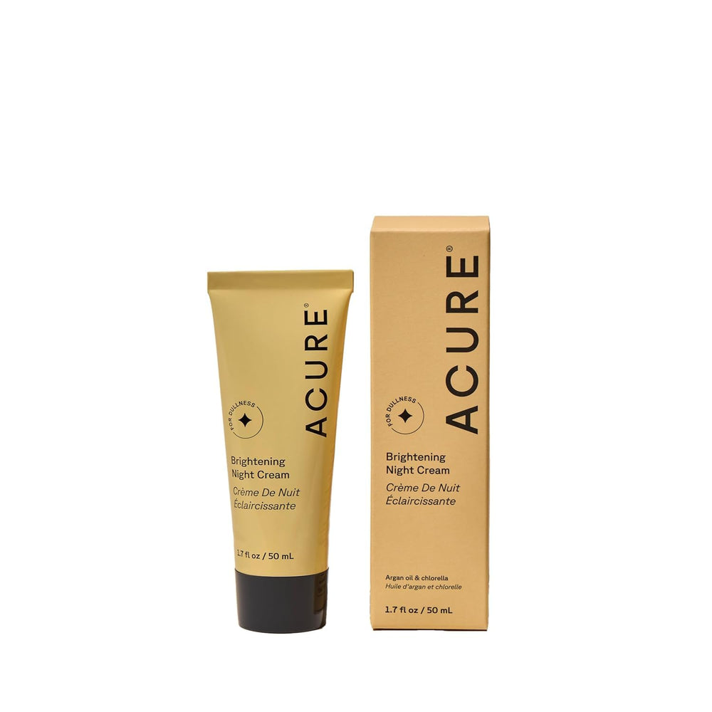 Acure Brightening Night Cream tube closeup showing hydrating formula for renewed morning glow.