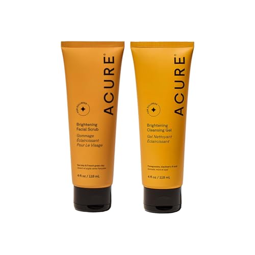 Acure Brightening Scrub jar close-up highlights sea kelp exfoliation for smoother skin.