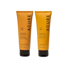 Acure Brightening Scrub jar close-up highlights sea kelp exfoliation for smoother skin.