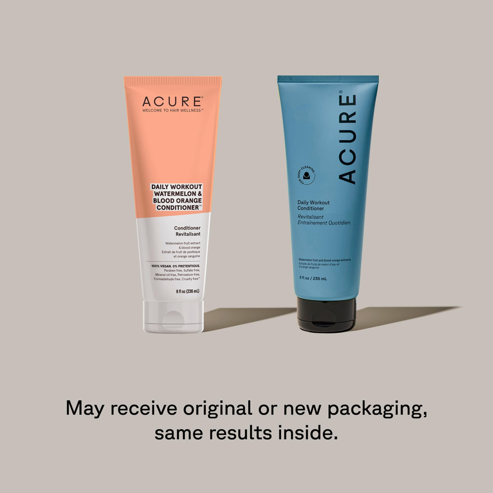 Acure Daily Workout Watermelon Conditioner label emphasizes vegan, paraben- and sulfate-free formula.