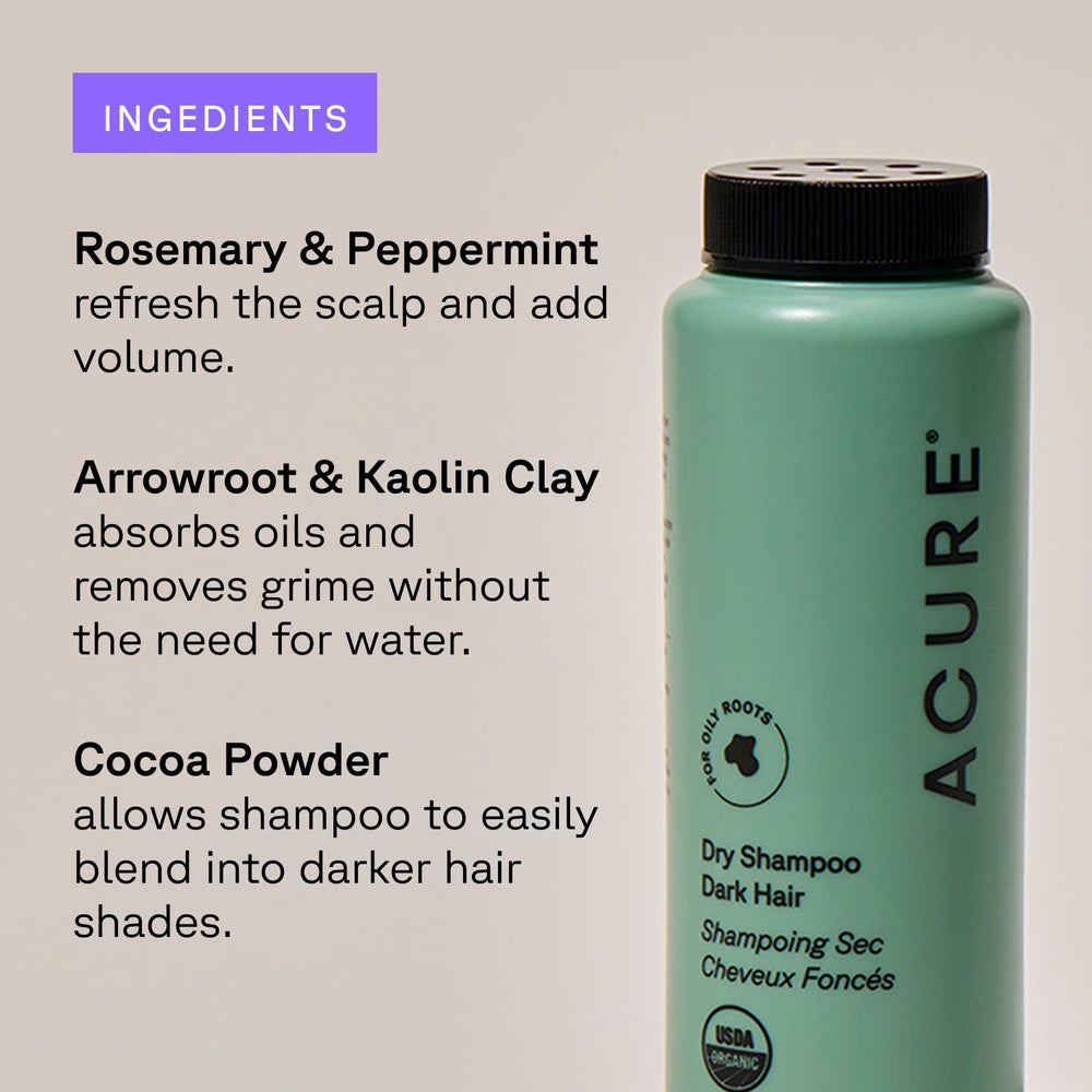 Acure dry shampoo formula with rosemary and cocoa for lighter feel