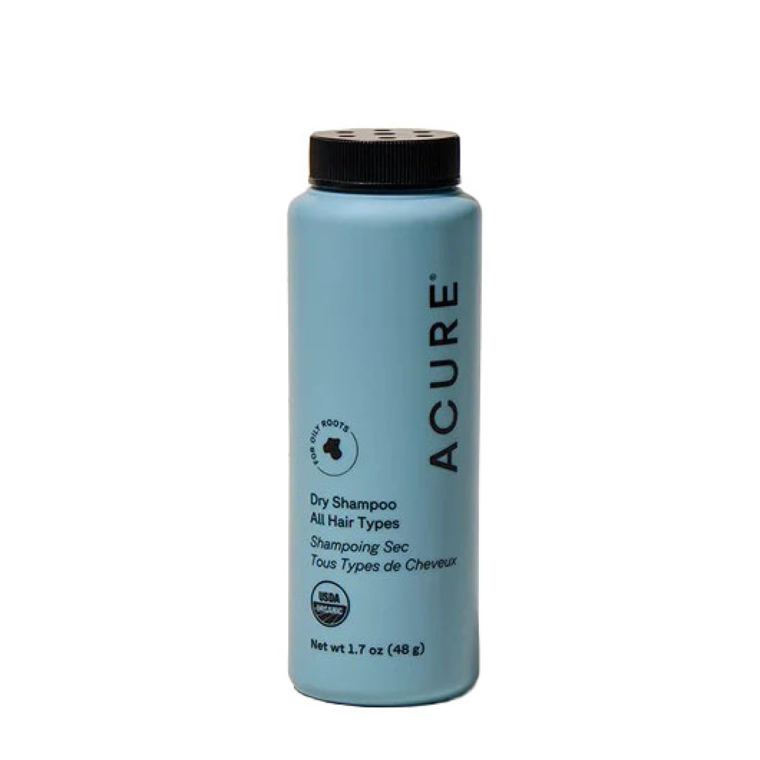 Acure dry shampoo travel-size bottle for quick refresh and added volume.