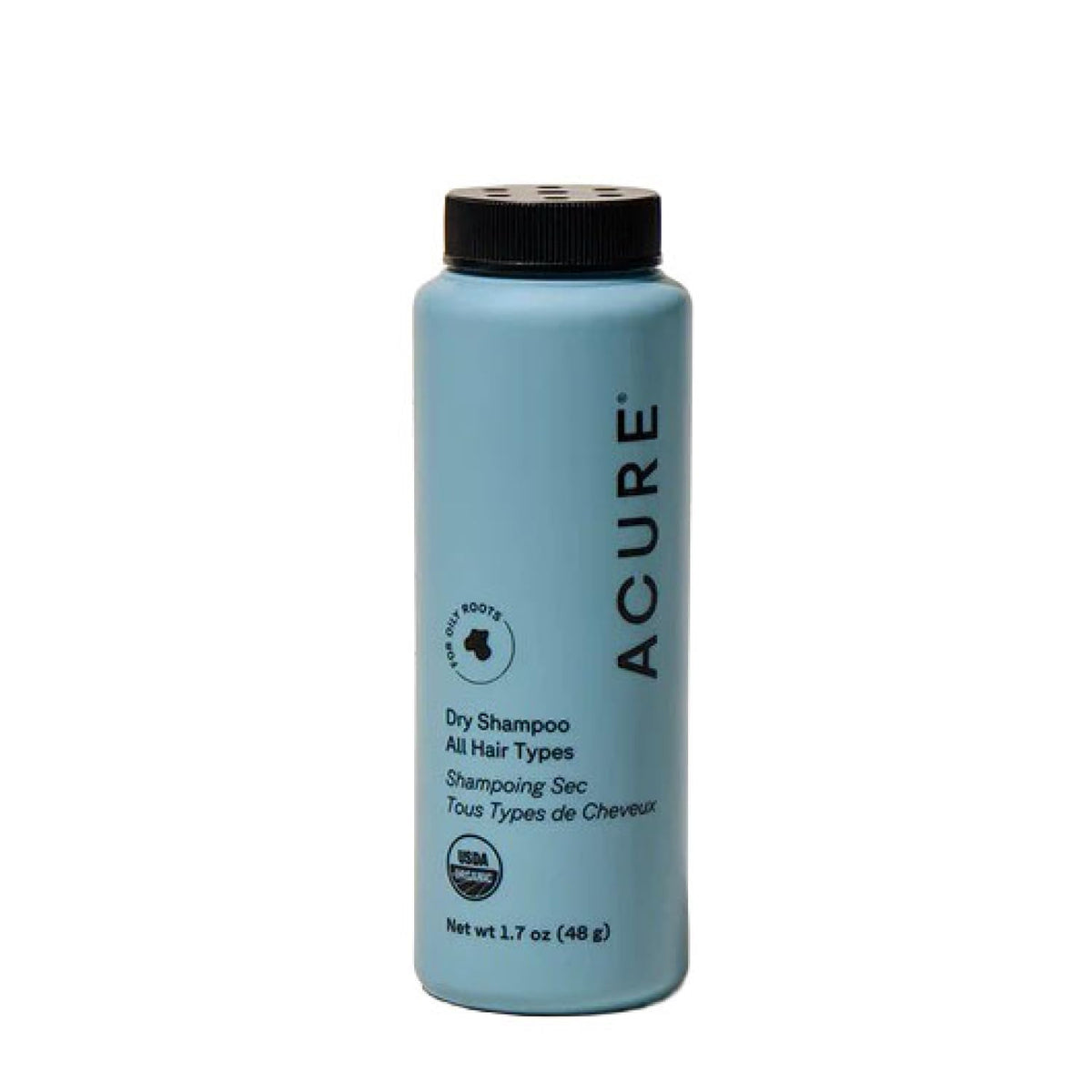 Acure dry shampoo travel-size bottle for quick refresh and added volume.