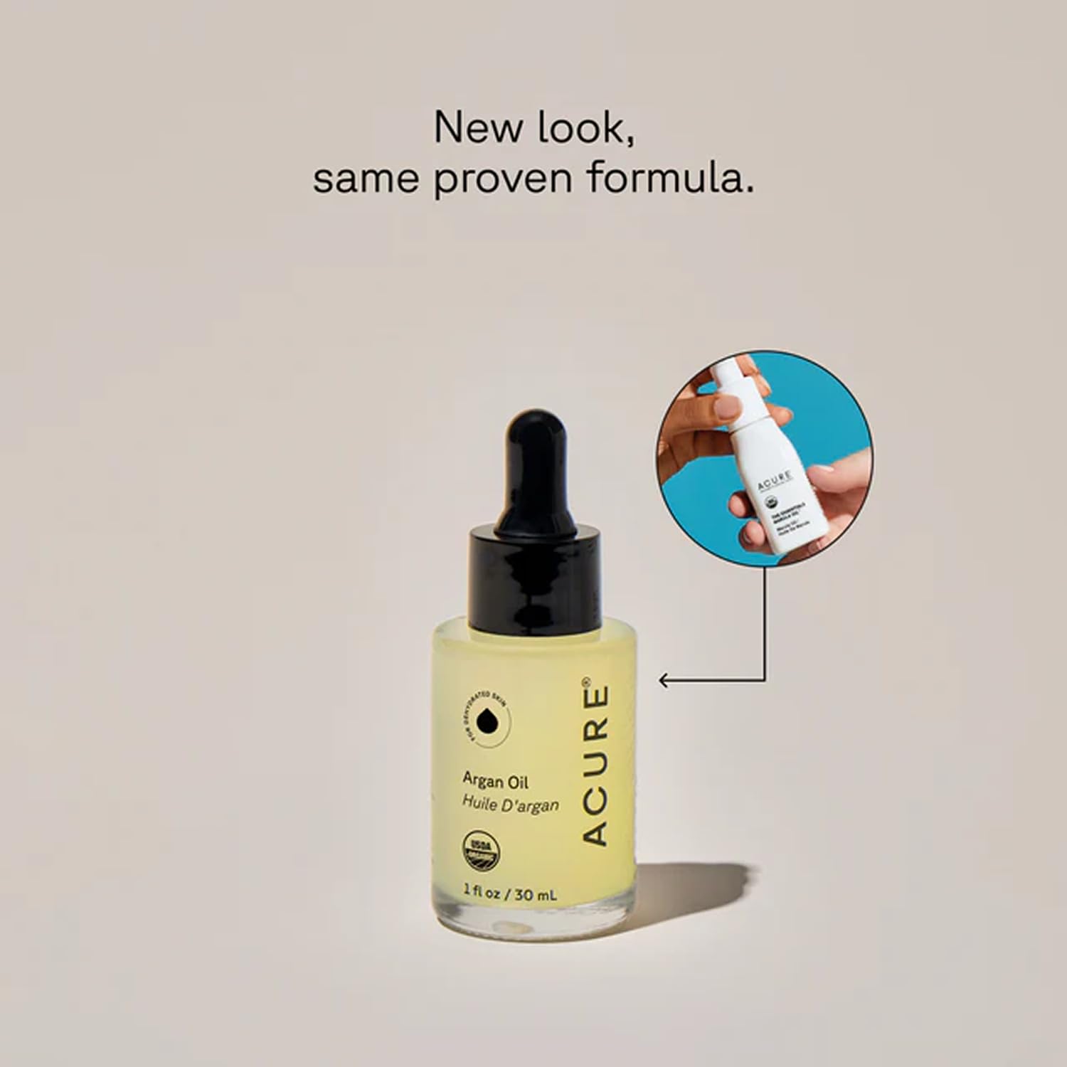 Acure The Essentials Argan Oil bottle showing hair application for shine and moisture.