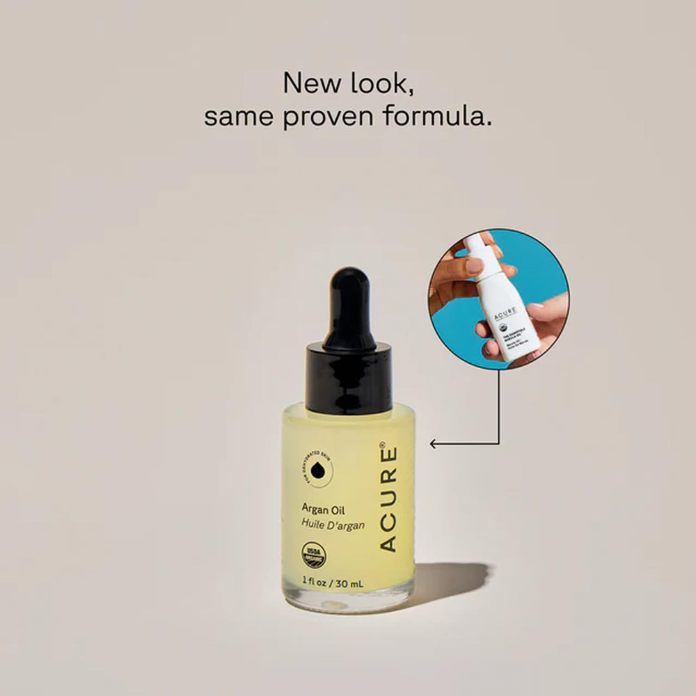 Acure The Essentials Argan Oil bottle showing hair application for shine and moisture.