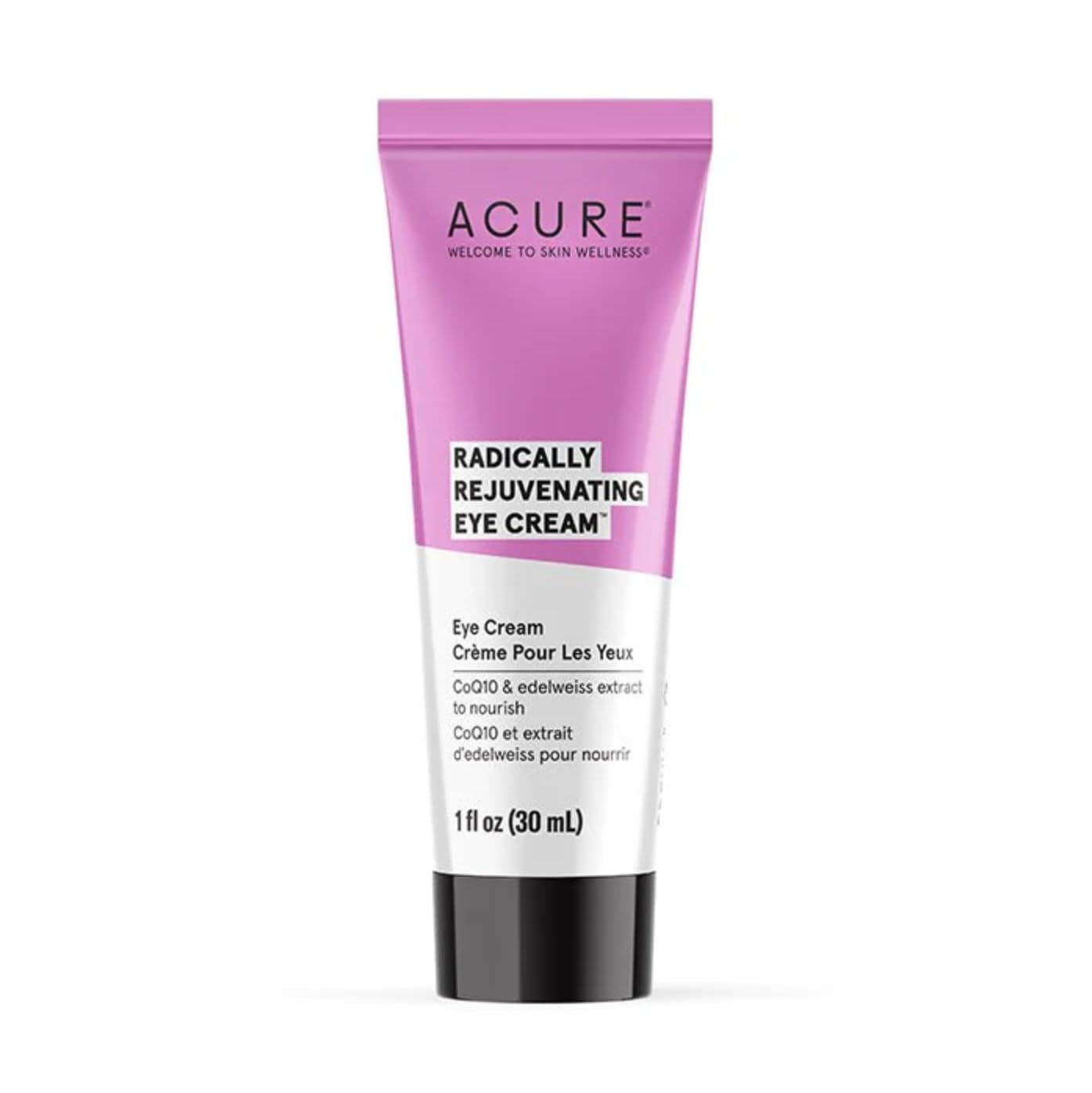 Acure Radically Rejuvenating Eye Cream packaging highlights vegan clean skincare for sensitive skin
