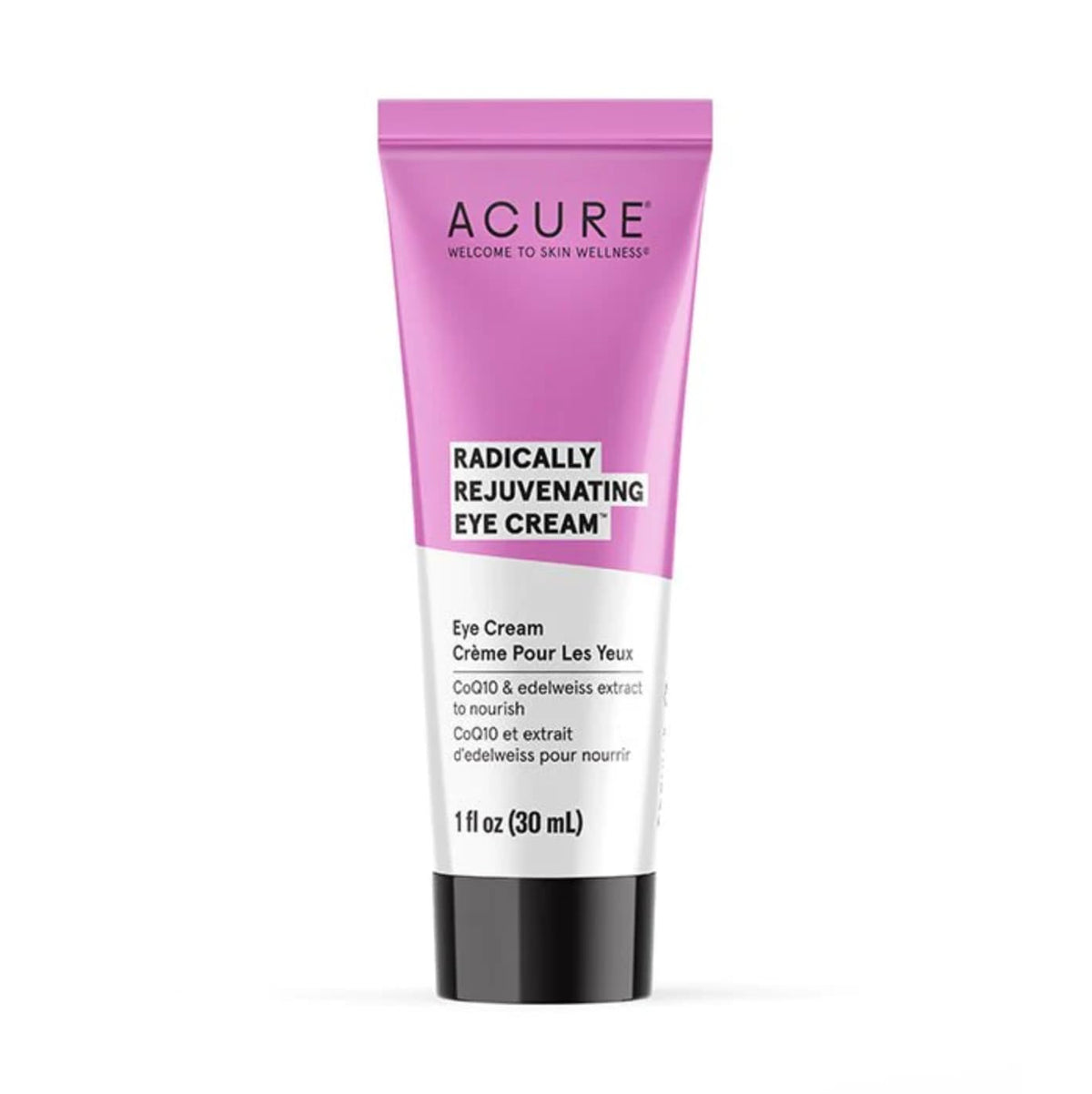 Acure Radically Rejuvenating Eye Cream packaging highlights vegan clean skincare for sensitive skin
