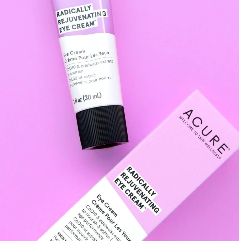 Acure Radically Rejuvenating Eye Cream under-eye application demonstrates hydrating, brightening potential for tired-looking eyes