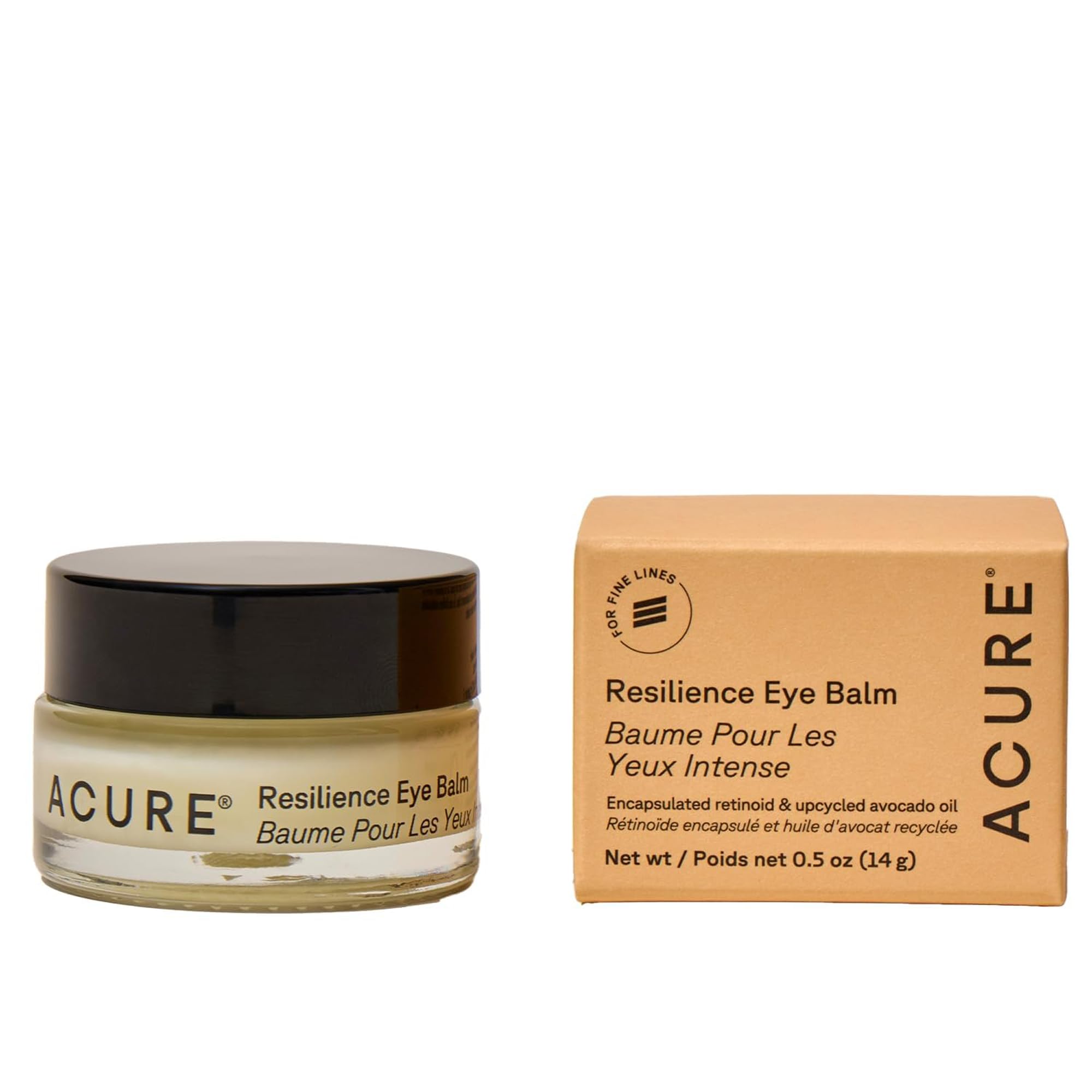 Acure Resilience Eye Balm tube close-up highlighting a creamy, hydrating formula for under-eye skin