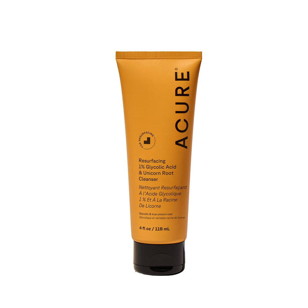Acure Resurfacing Glycolic Cleanser bottle showing gentle exfoliation for brighter skin.