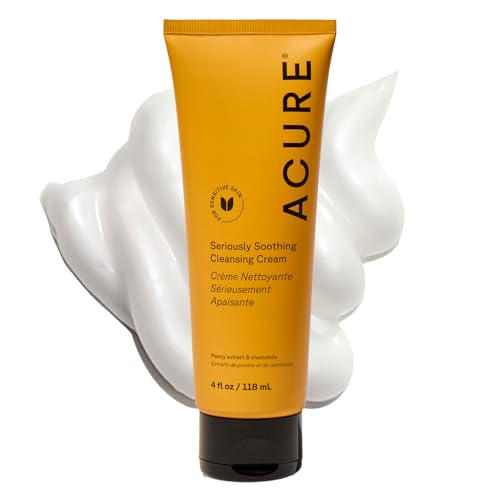 Acure Seriously Soothing Cleansing Cream bottle pump demonstrates gentle daily cleansing for hydrated skin.