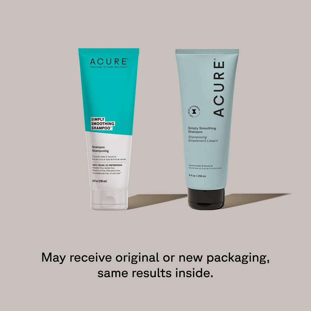 Acure Simply Smoothing Conditioner bottle front emphasizes hydration for soft, manageable strands.